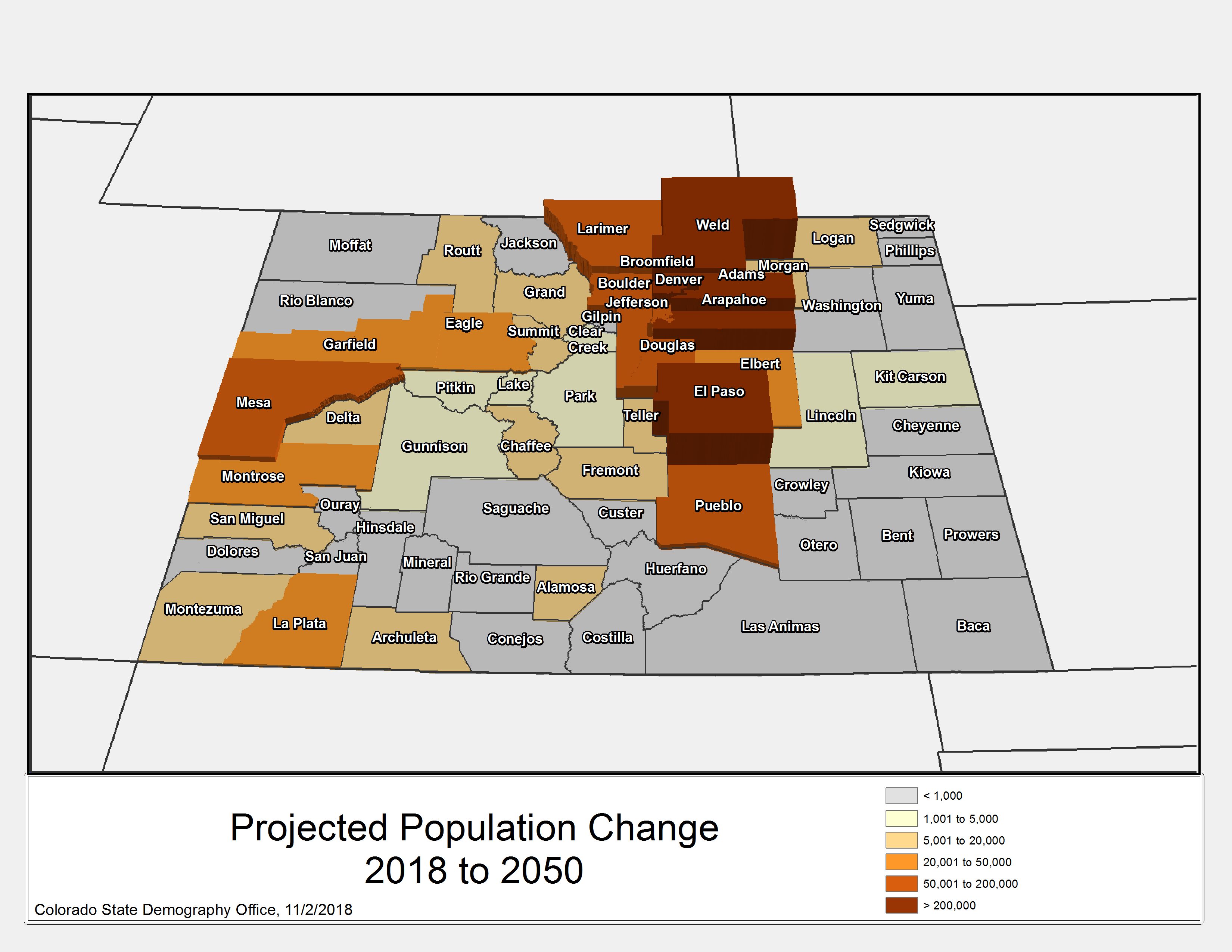 Colorado Map showing projected population change 2018-2050.