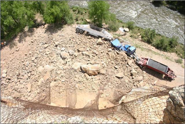 Looking down from the top of a rockfall event.  No one was seriously injured.