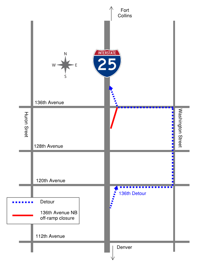 Northbound I-25 off-ramp to 136th closed