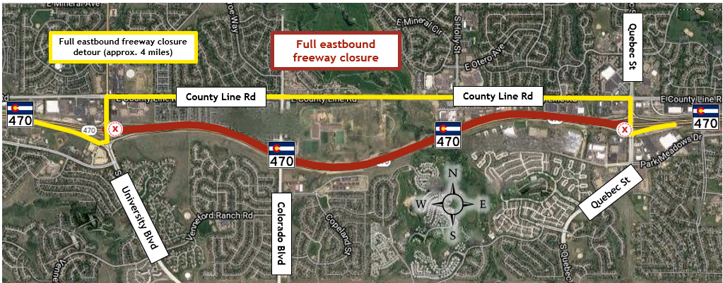 Closure of eastbound C-470 from University Boulevard to Quebec Street