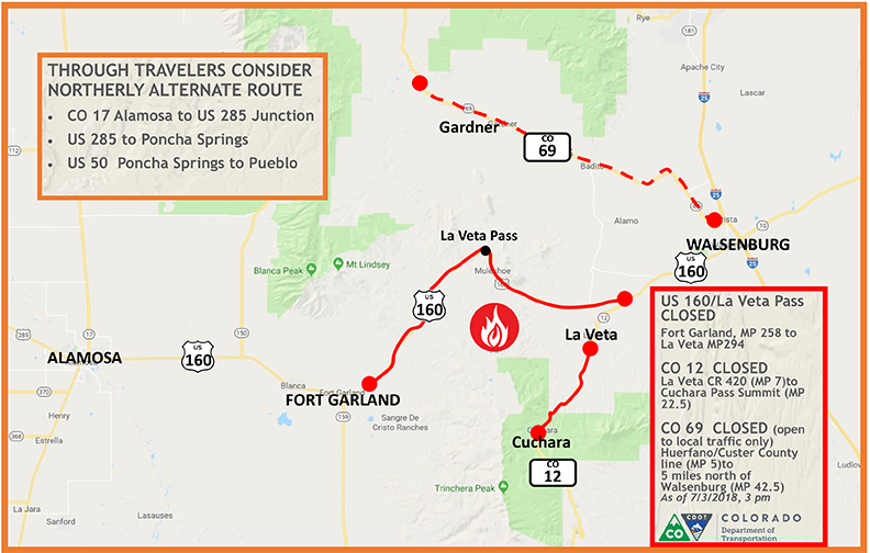 US 160 La Veta CLOSED_ CO 12 CO 69 local traffic July 3.png detail image