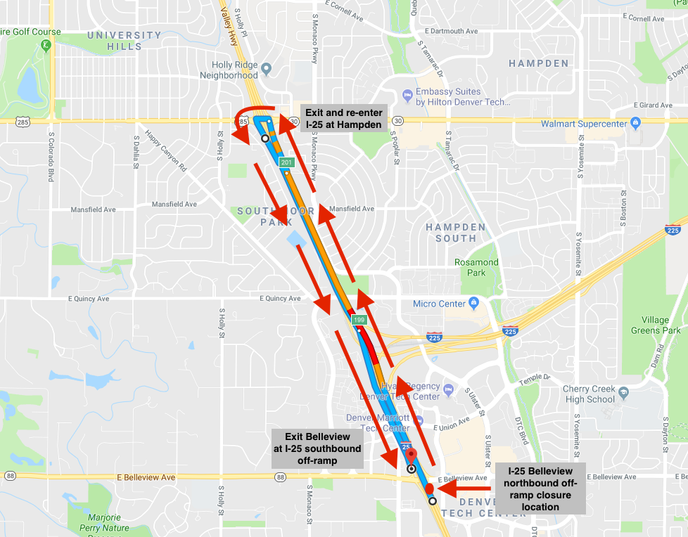 I-25 southbound Belleview Exit Detour detail image