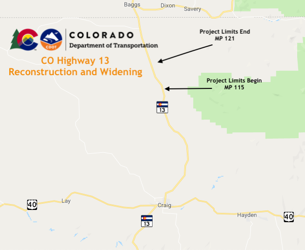 CO 13 Reconstruction and Widening project map from Mile Post 121 to 115 detail image