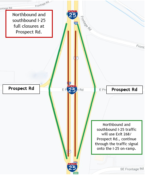I-25 Full Closure Under Prospect Road detour map at Exit 268 detail image