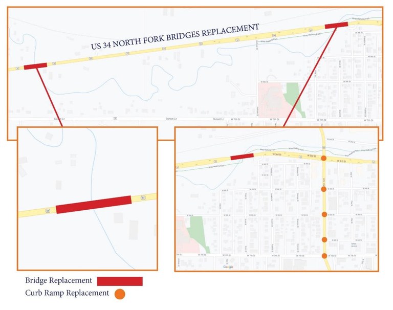 US 34 North Fork bridges replacement map area