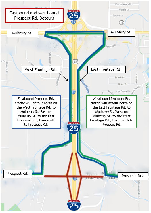 Prospect Road Closure Detour map eastbound and westbound detail image