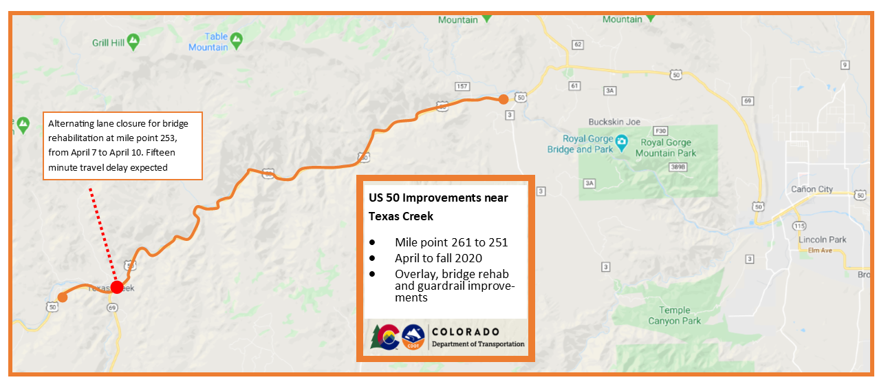 US 50 Texas Creek Overlay Improvements project location map detail image