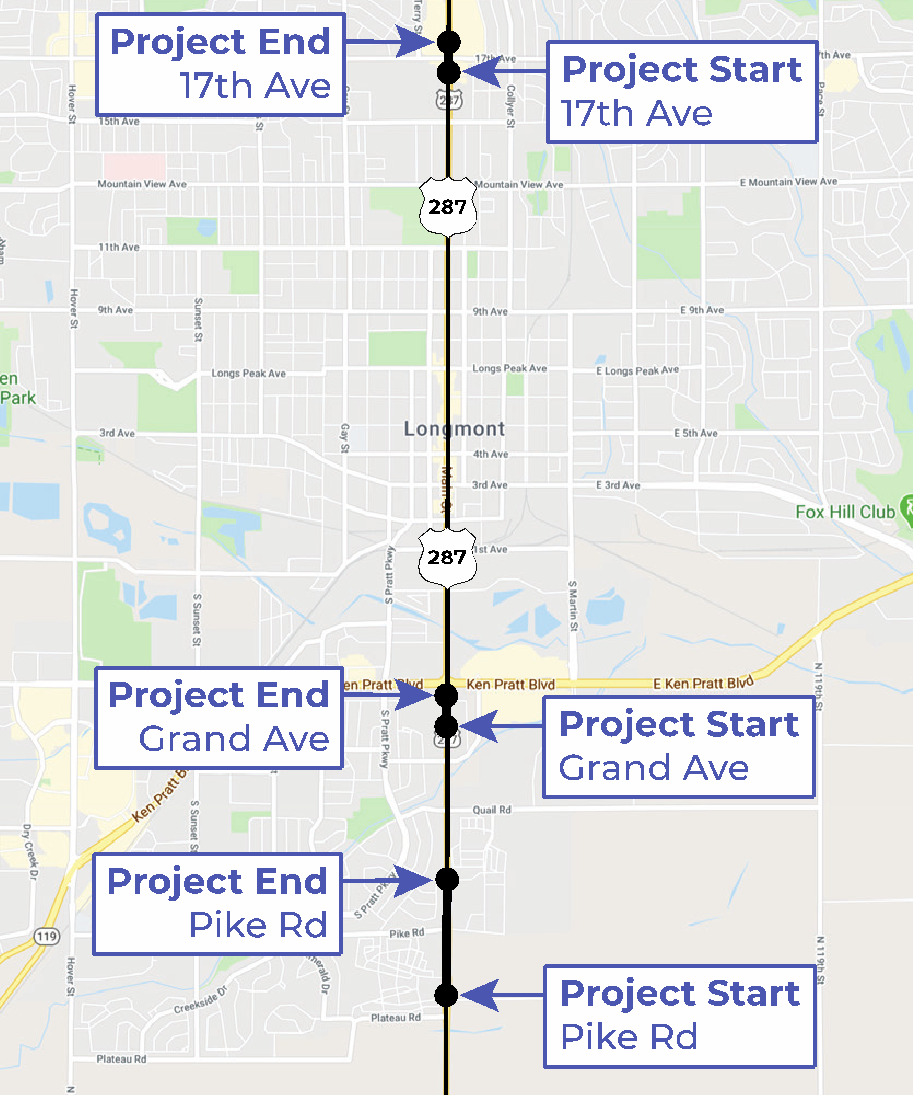 US 287 from 17th Avenue to Pike Road in Longmont project map detail image