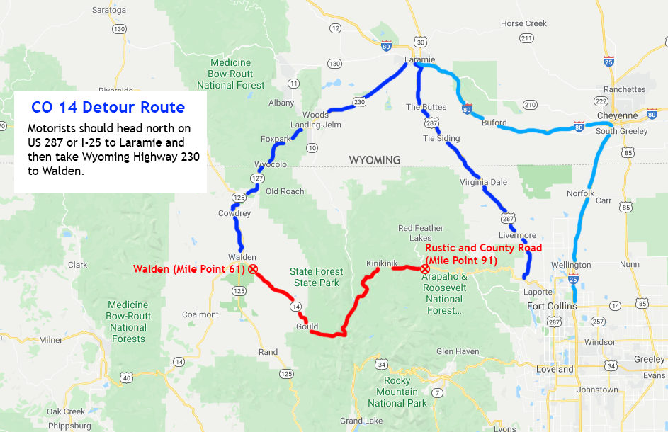CO 14 detour route map due to closure from Walden to Rustic detail image