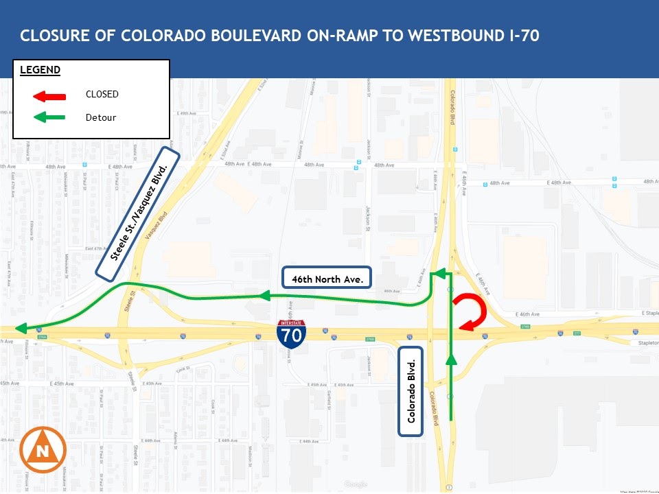 Closure of Colorado Boulevard on-ramp to Westbound I-70 project map detail image