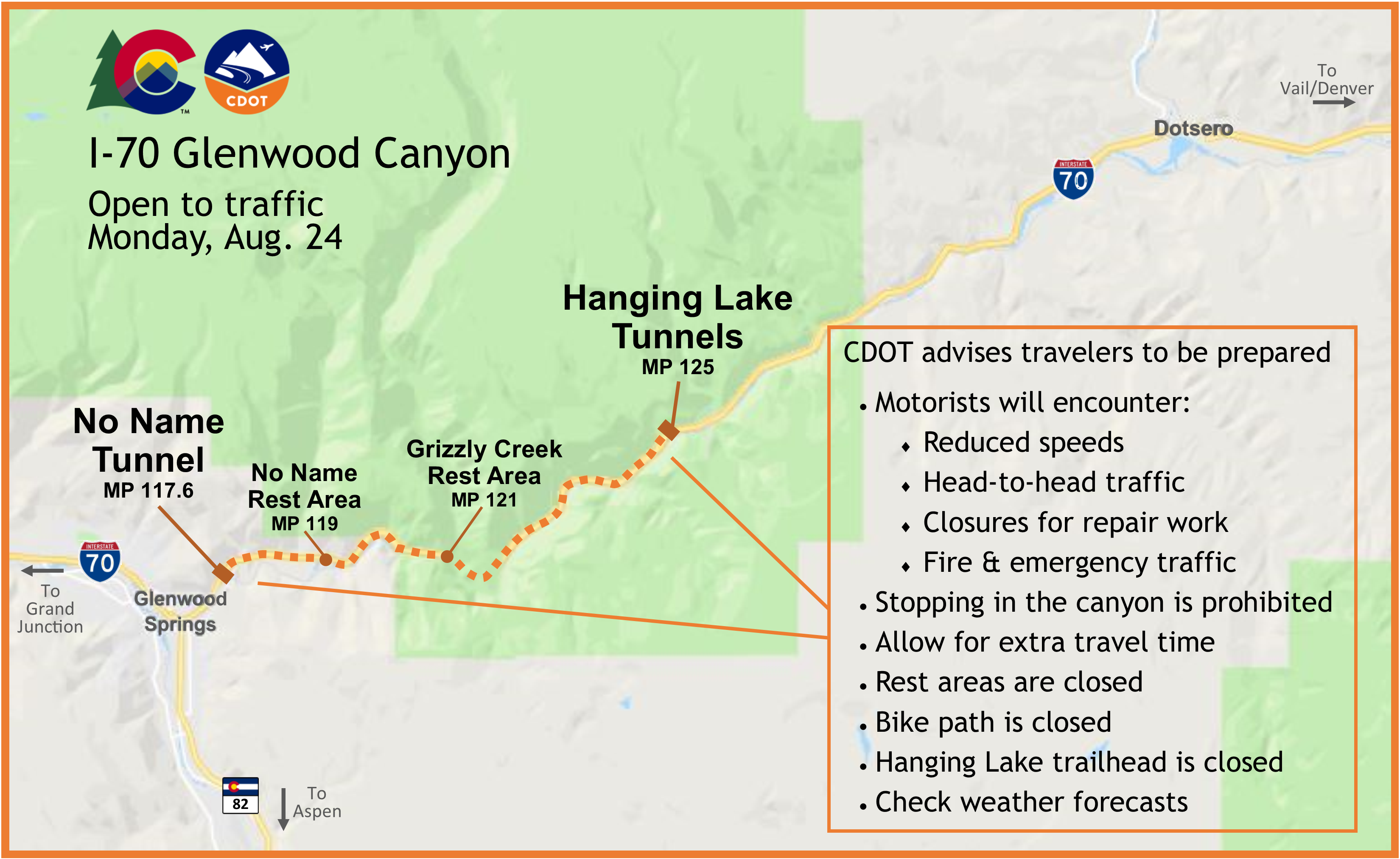 I-70 Glenwood Canyon open to traffic after Grizzly Creek Fire affected area map detail image