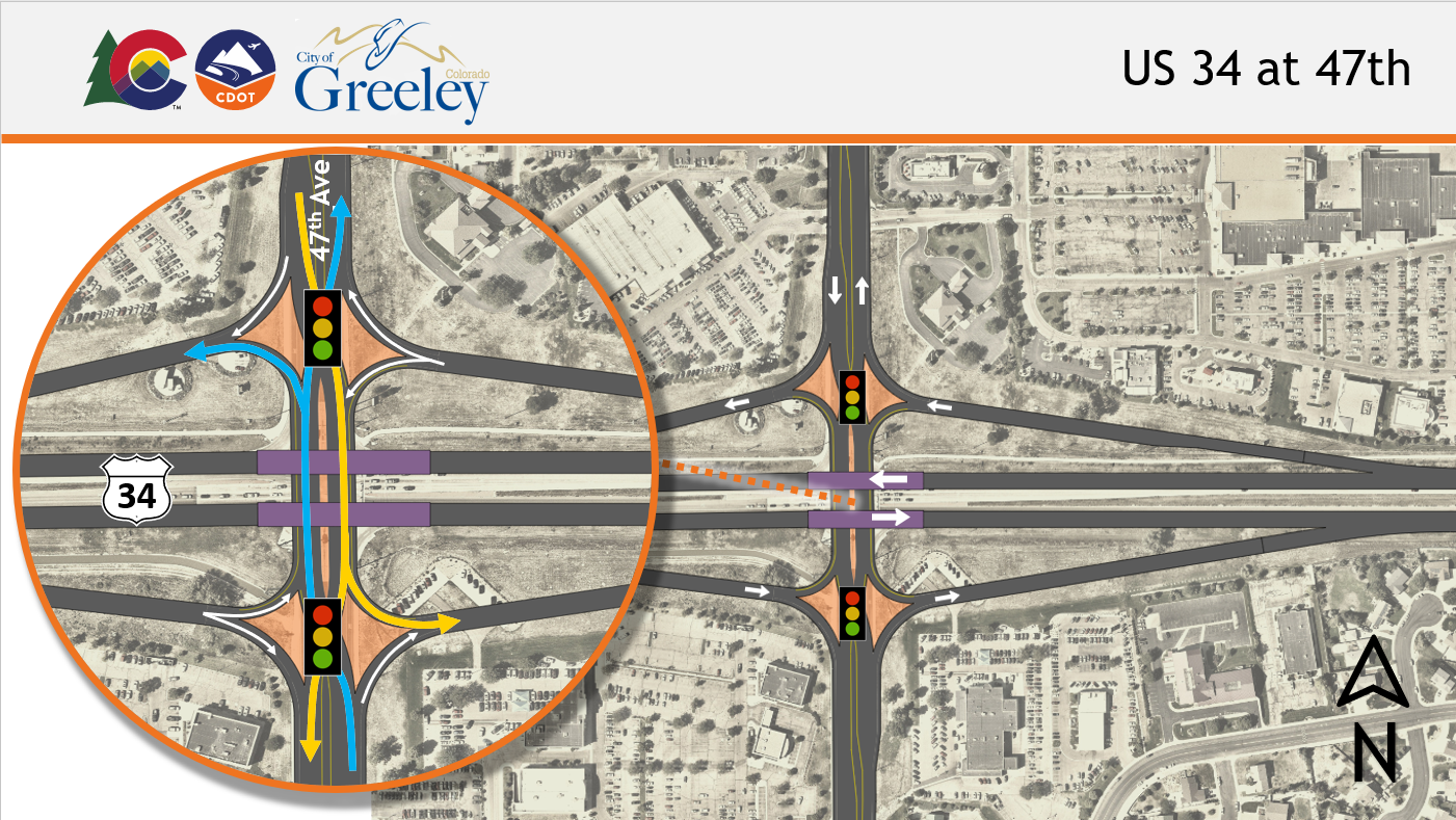 US 34 at 47th Avenue in Greeley traffic signal improvements project map detail image