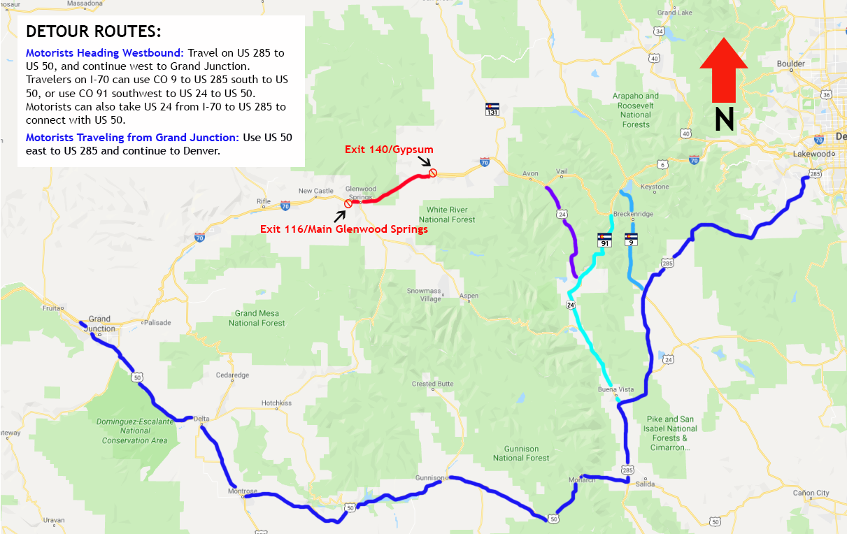 I-70 southern detour route due to Grizzly Creek Fire in Glenwood Canyon closure detail image