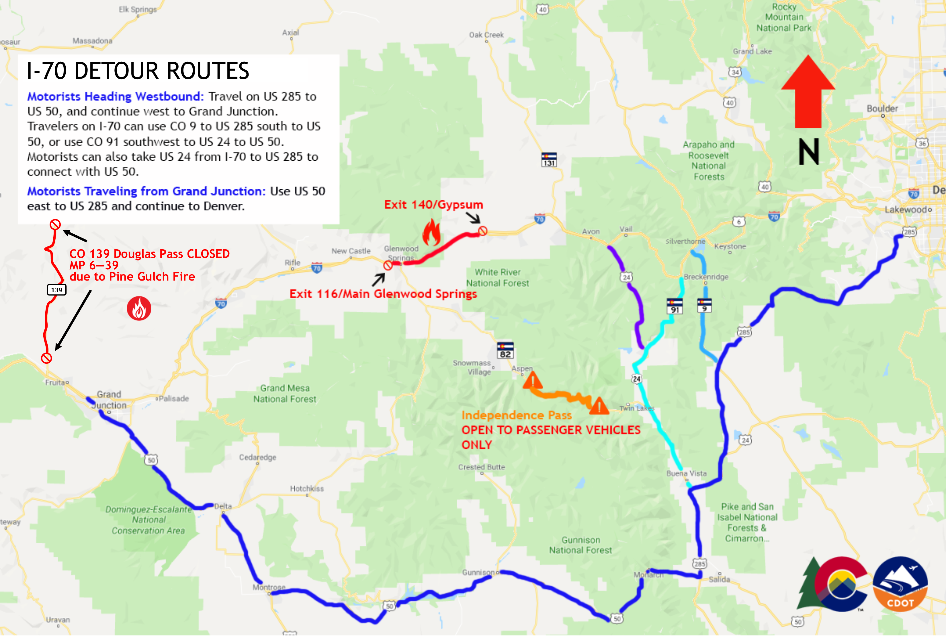 I-70 southern detour route due to Grizzly Creek Fire in Glenwood Canyon closure added CO 139 Doug Pass closure detail image