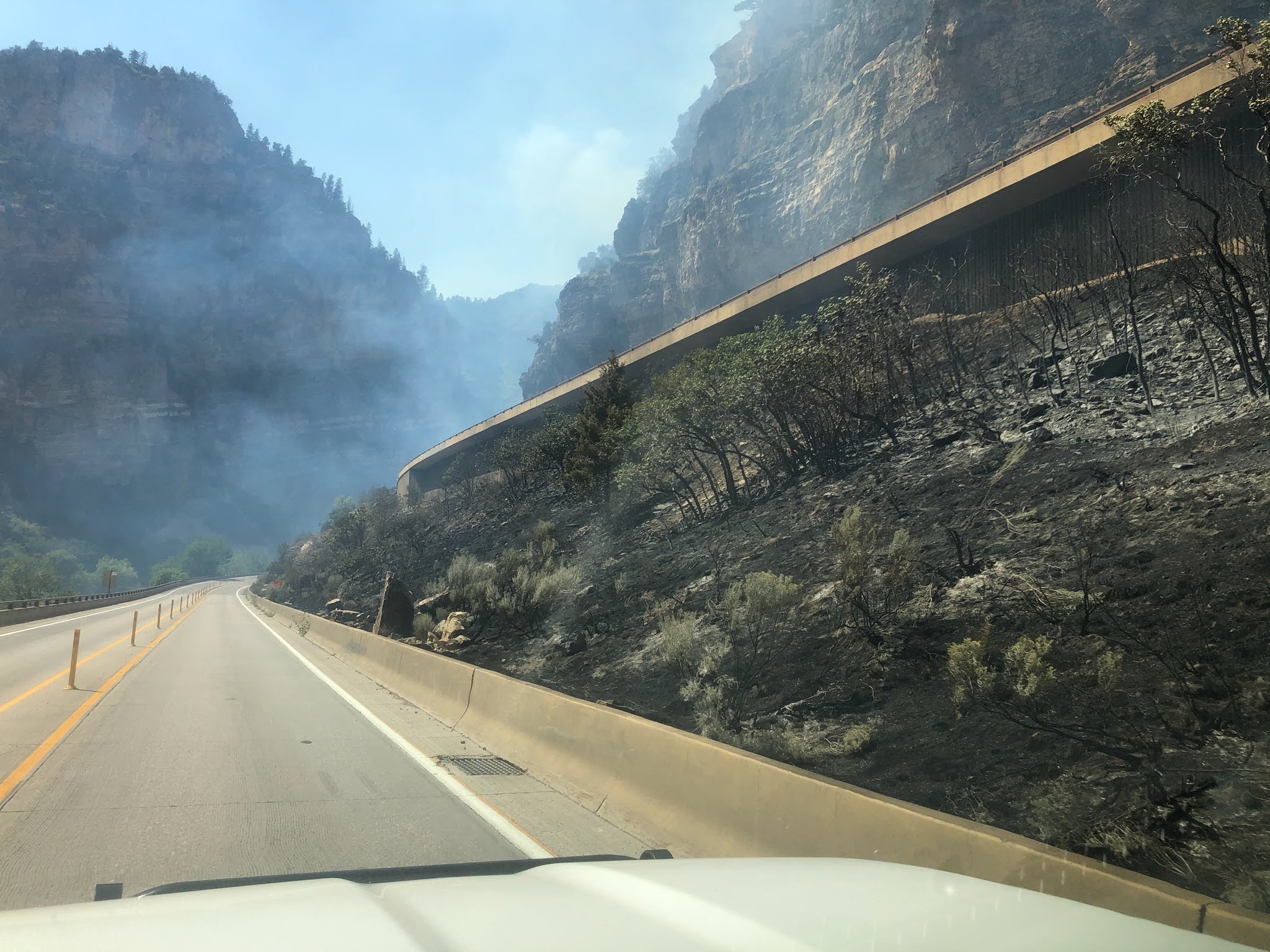 Smoke along I-70 in Glenwood Canyon during Grizzly Creek Fire detail image