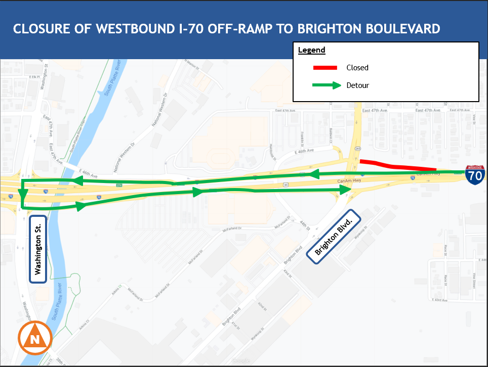 Closure of Westbound I-70 off-ramp to Brighton Boulevard detour map detail image