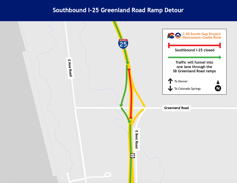 Southbound I-25 Greenland Road Ramp Detour map - I-25 South Gap Project detail image