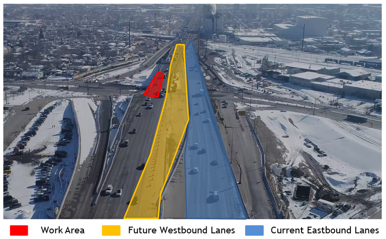 Brighton Traffic shift work area, future westbound lanes and current eastbound lanes project area for Central 70 project