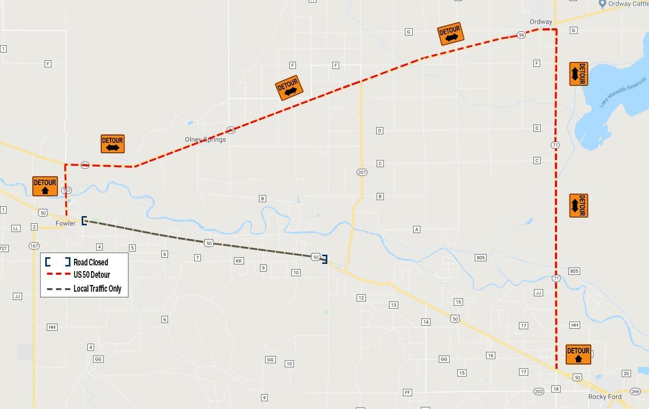 US 50 detour map onto CO 96 and CO 71 between Fowler and Rocky Ford detail image