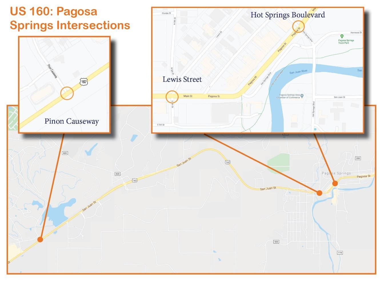 US 160 Pagosa Springs Intersections project area map detail image