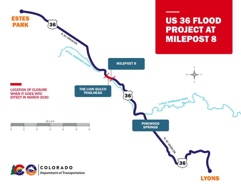 US 36 Flood Project at Mile Point 8 closure map between Estes Park and Lyons