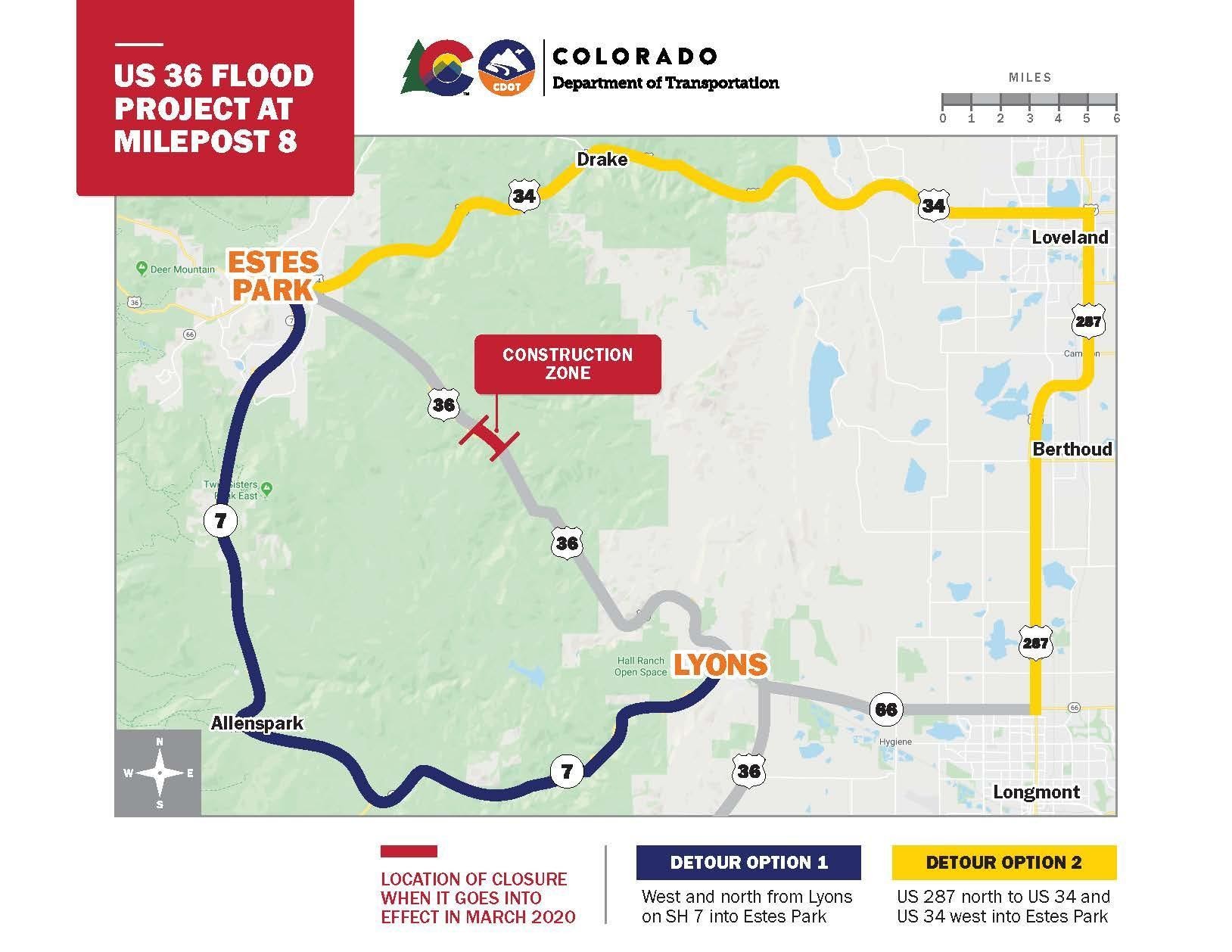 US 36 Flood Project construction area detour map on CO 7 to Allenspark between Estes Park and Lyons detail image