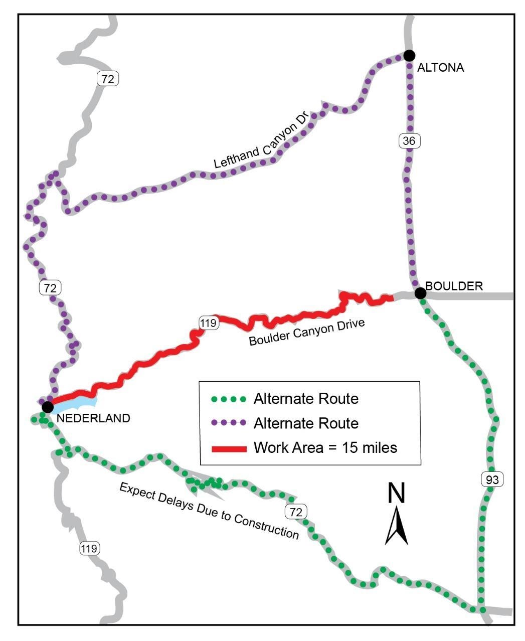 CO 119 (Boulder Canyon Drive) work area project map between Boulder and Nederland detail image