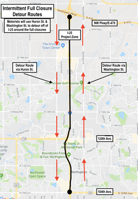 I-25 Thornton intermittent full closure detour routes detail image