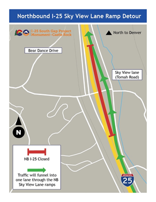 Northbound I-25 Sky View Lane Ramp Detour map