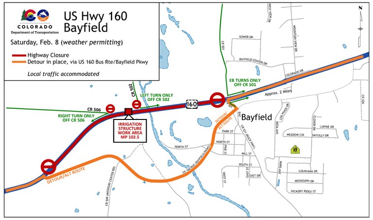 US 160 Bayfield road closures map on Saturday, Feb. 8 for irrigation structure work at Mile Point 102.5