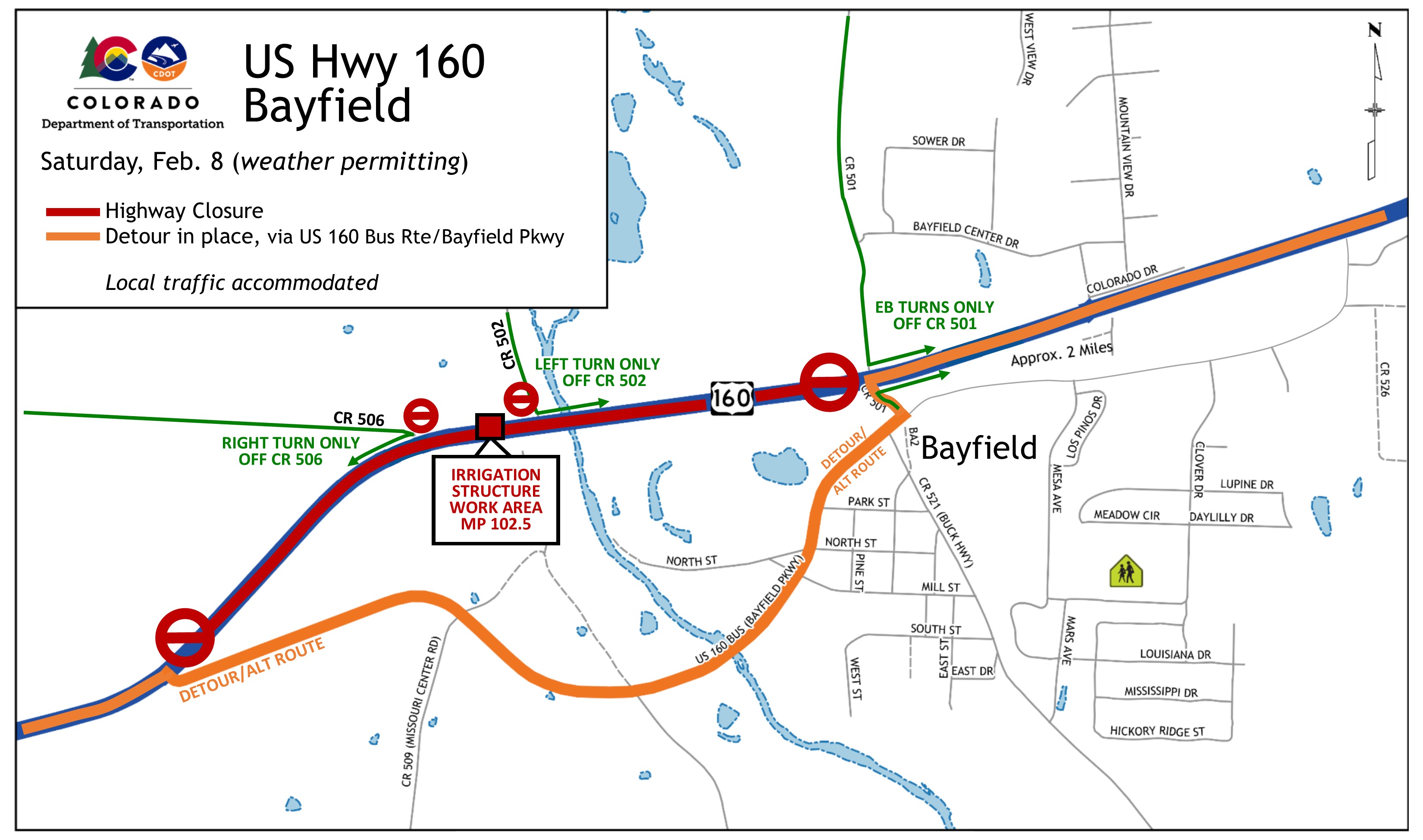 US 160 Bayfield road closures map on Saturday, Feb. 8 for irrigation structure work at Mile Point 102.5 detail image