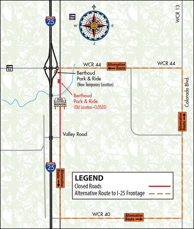 Berthoud Park & Ride map from WCR 44 to WCR 40 alternative route detail image