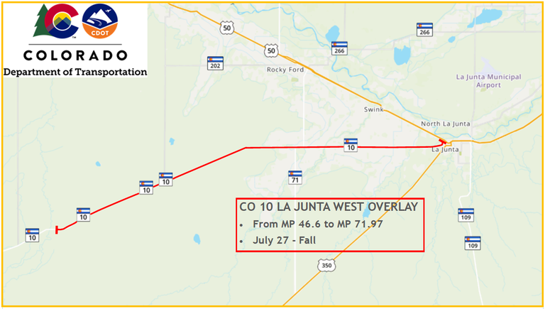 CO 10 Overlay project map CO 10 La Junta West Overlay project map, mp 46.6-71.97, July 27 - Fall, 2020