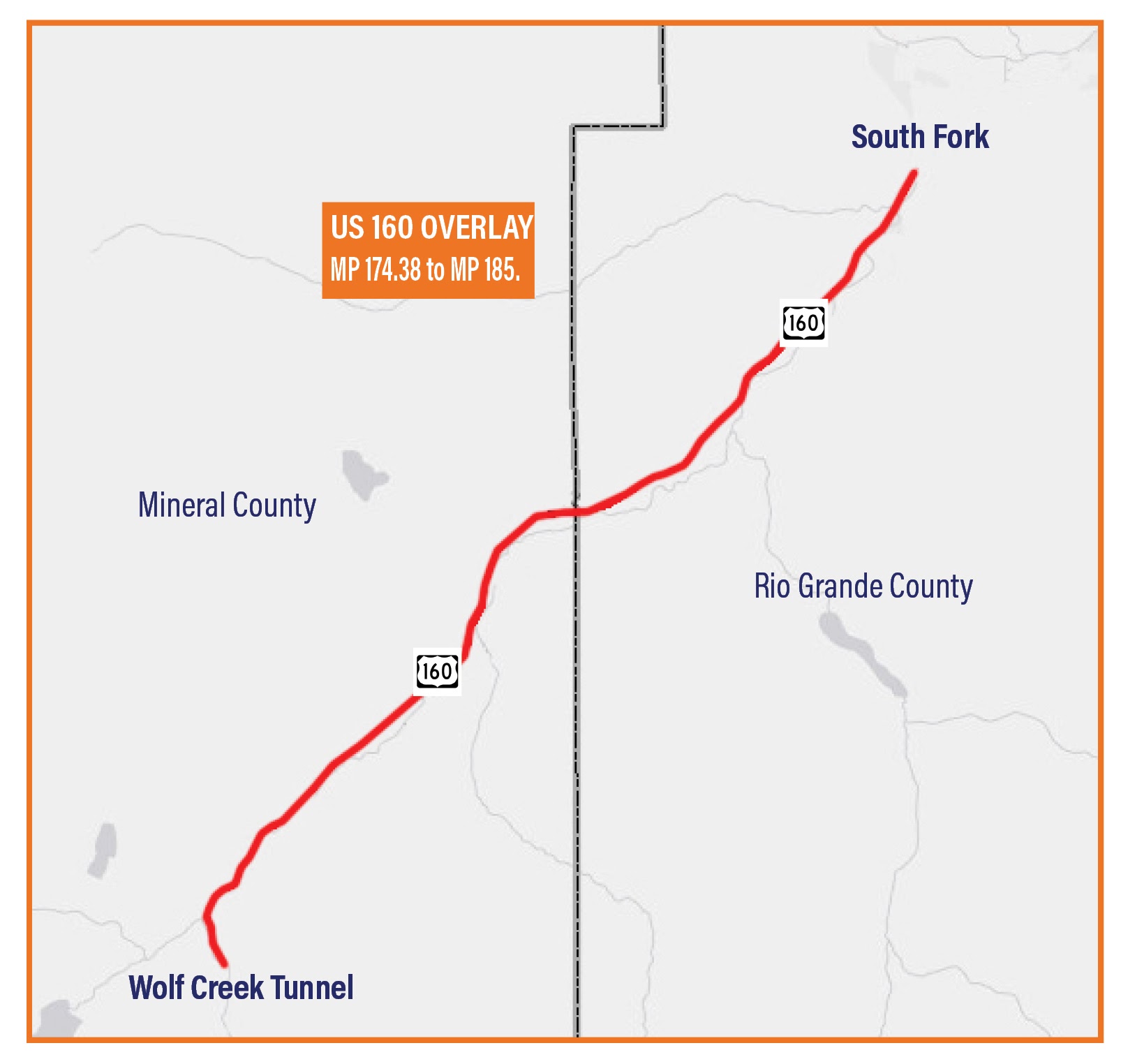 US 160 Overlay project map from South Fork to Wolf Creek Tunnel detail image