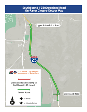 Southbound I-25/Greenland Road on-ramp Closure Detour Map from Upper Lake Gulch Road to Greenland Road detail image