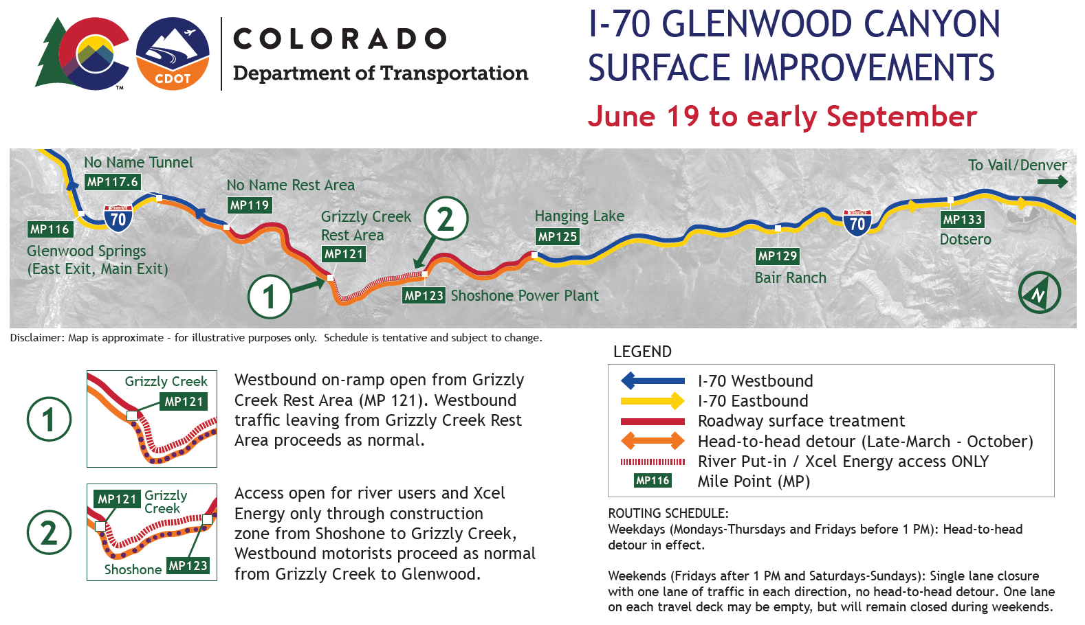 I-70 Glenwood Canyon surface improvements project area map from June 19 to early September detail image