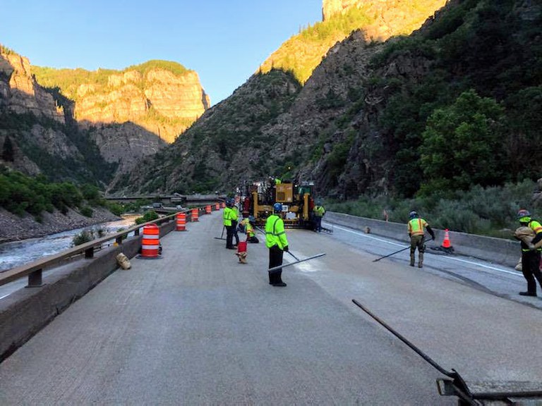 Crews working on paving operations in Glenwood Canyon on June 23