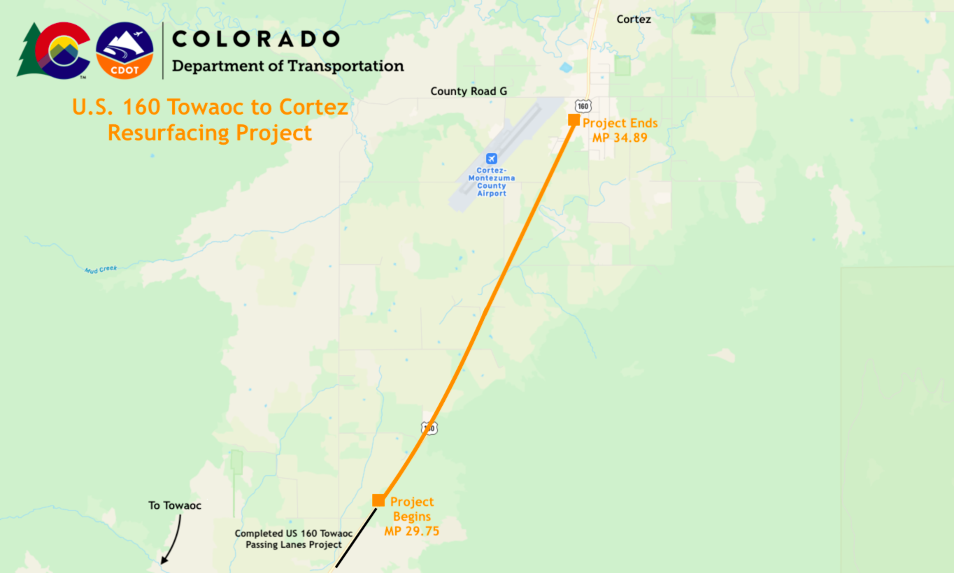 US 160 Towaoc to Cortez Resurfacing Project Map detail image