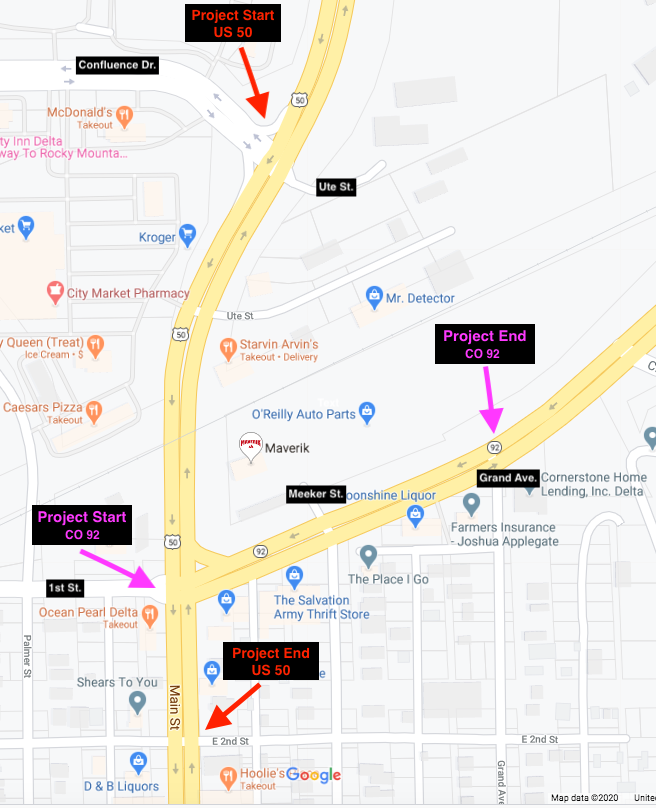 US 50 and CO 92 project location map detail image