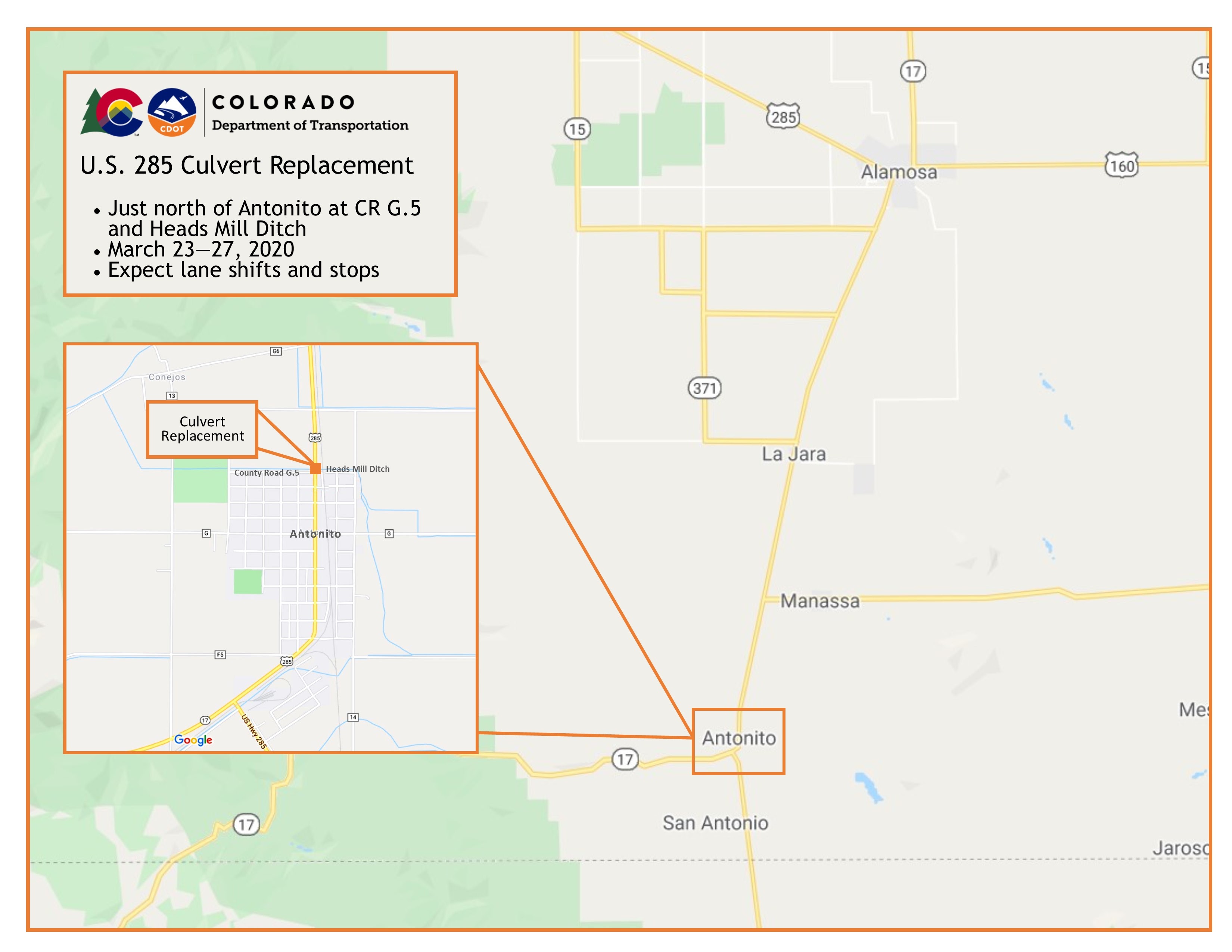 US 285 Culvert Replacement project map north of Antonito detail image