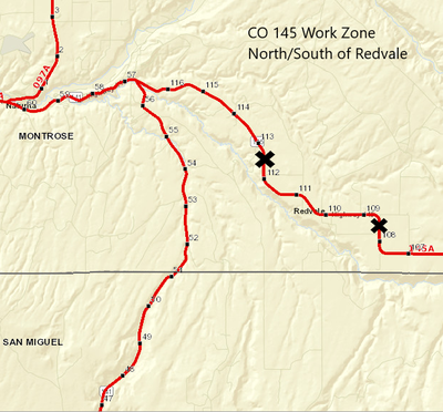 CO 145 work zone north/south of Redvale project map