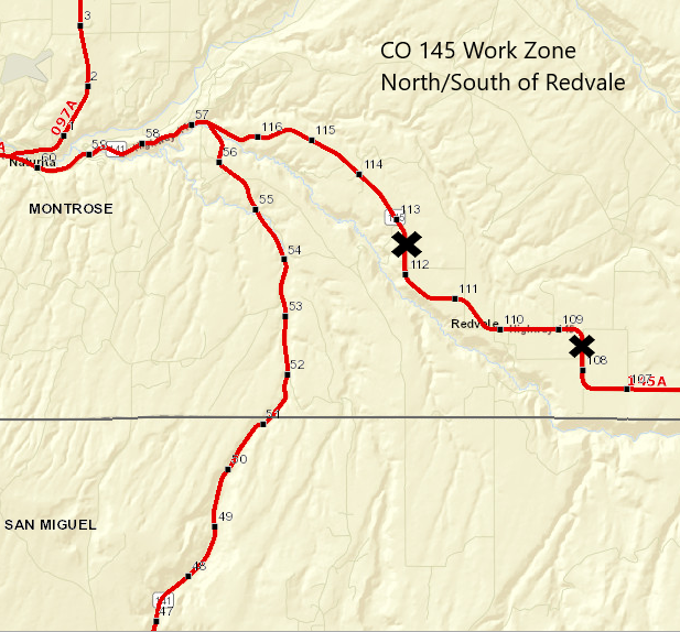 CO 145 work zone north/south of Redvale project map detail image