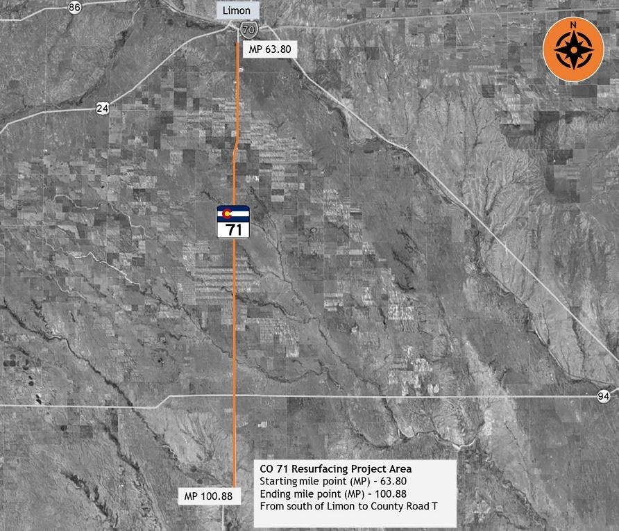 CO 71 resurfacing project map from Mile Point 63.80 to 100.88 detail image