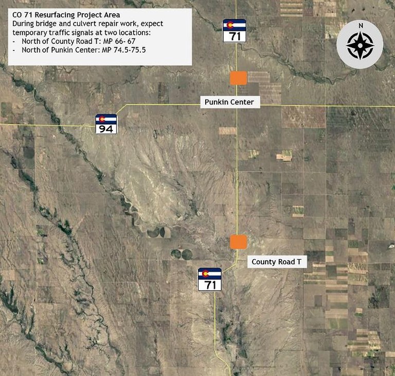 CO 71 Resurfacing Project Area temporary traffic signals at Punkin Center and Country Road T