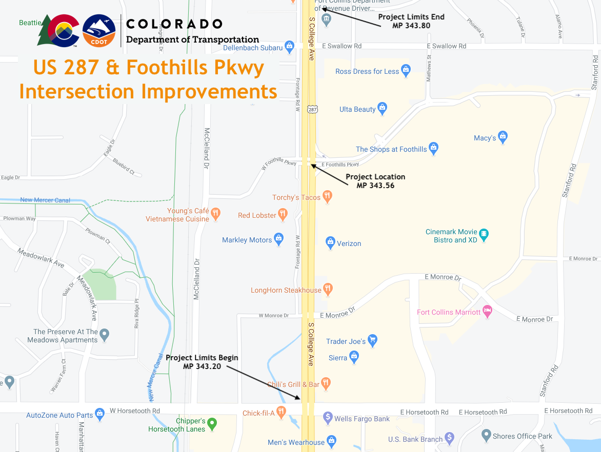 US 287 and Foothills Parkway Intersection Improvements project area map detail image