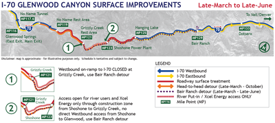 I-70 Glenwood Canyon surface improvements project area map from March to June 2020