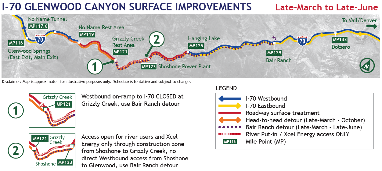 I-70 Glenwood Canyon surface improvements project area map from March to June 2020 detail image