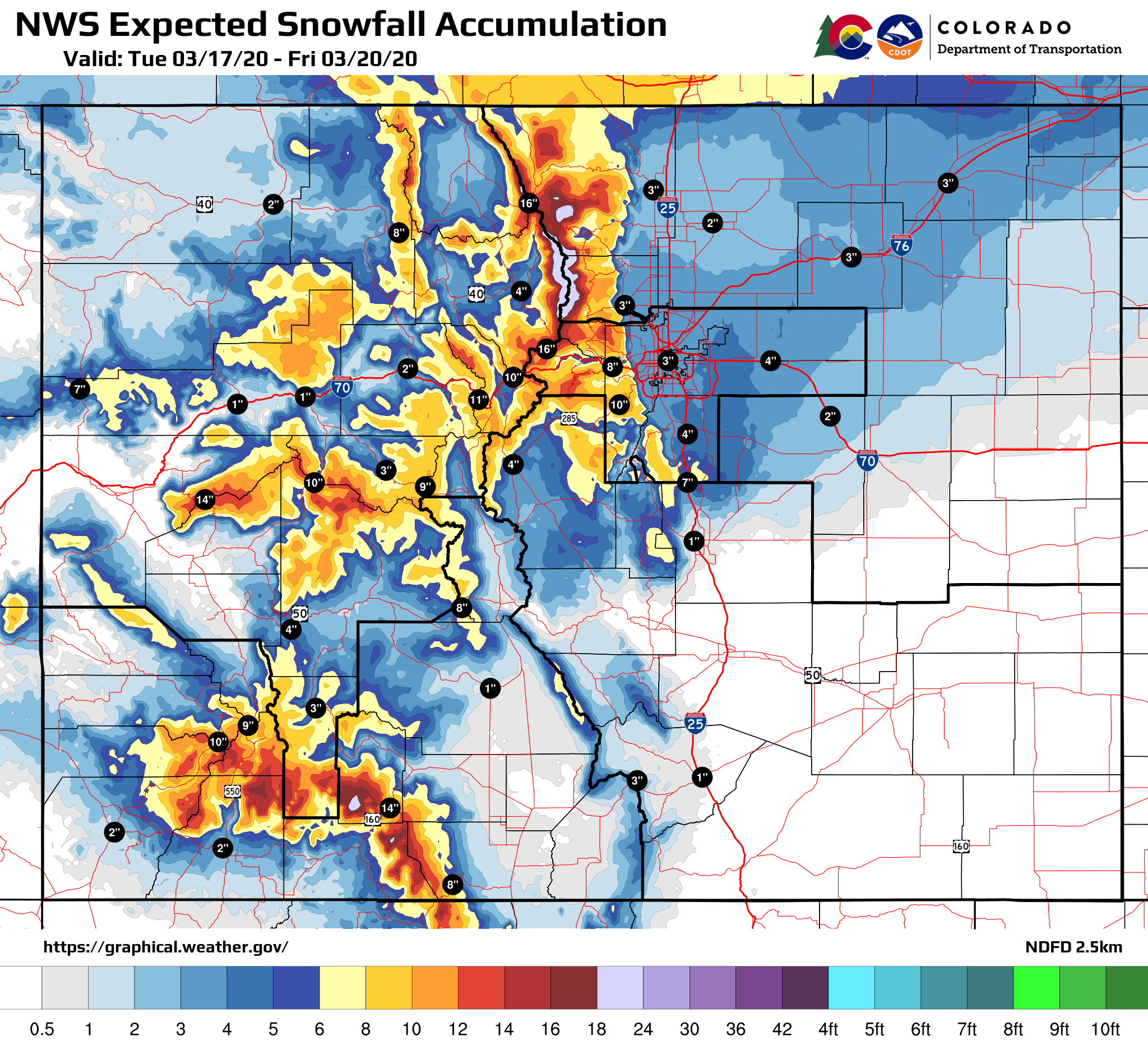 National Weather Service snowfall accumulation from 3/17/20 to 3/20/20 detail image