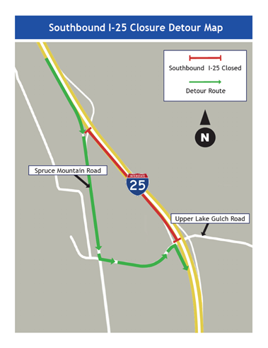 Southbound I-25 closure detour map at Upper Lake Gulch Road detail image
