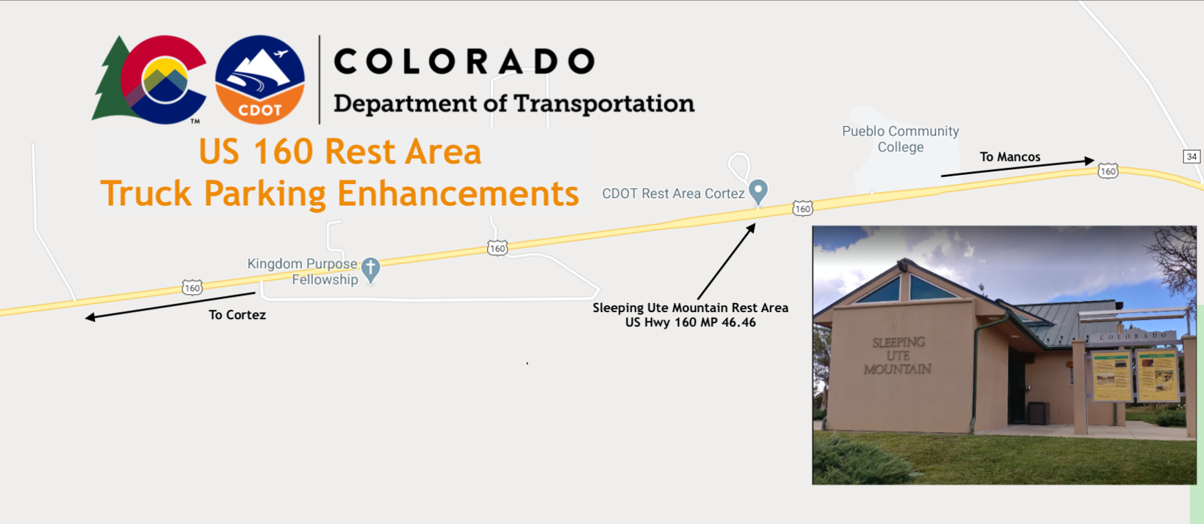 US 160 Sleeping Ute Rest Area truck parking enhancements project area detail image